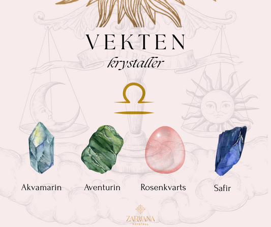 Illustrasjon av Vektens krystaller – Akvamarin, Aventurin, Rosenkvarts og Safir – med Vektens symbol og en vektskål i bakgrunnen