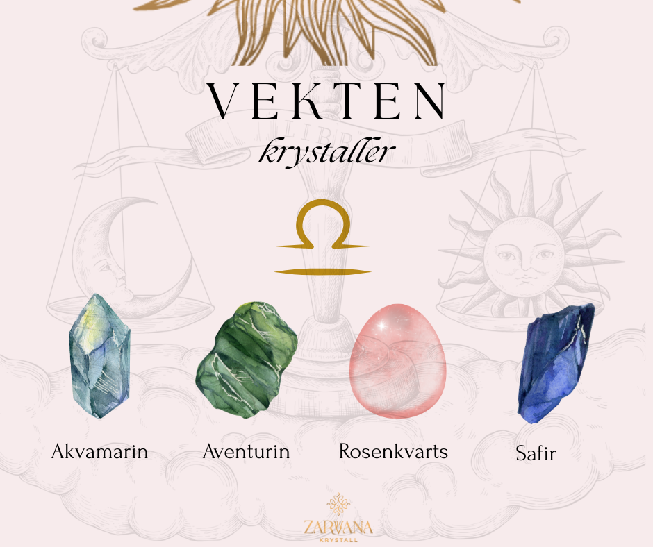 Illustrasjon av Vektens krystaller – Akvamarin, Aventurin, Rosenkvarts og Safir – med Vektens symbol og en vektskål i bakgrunnen