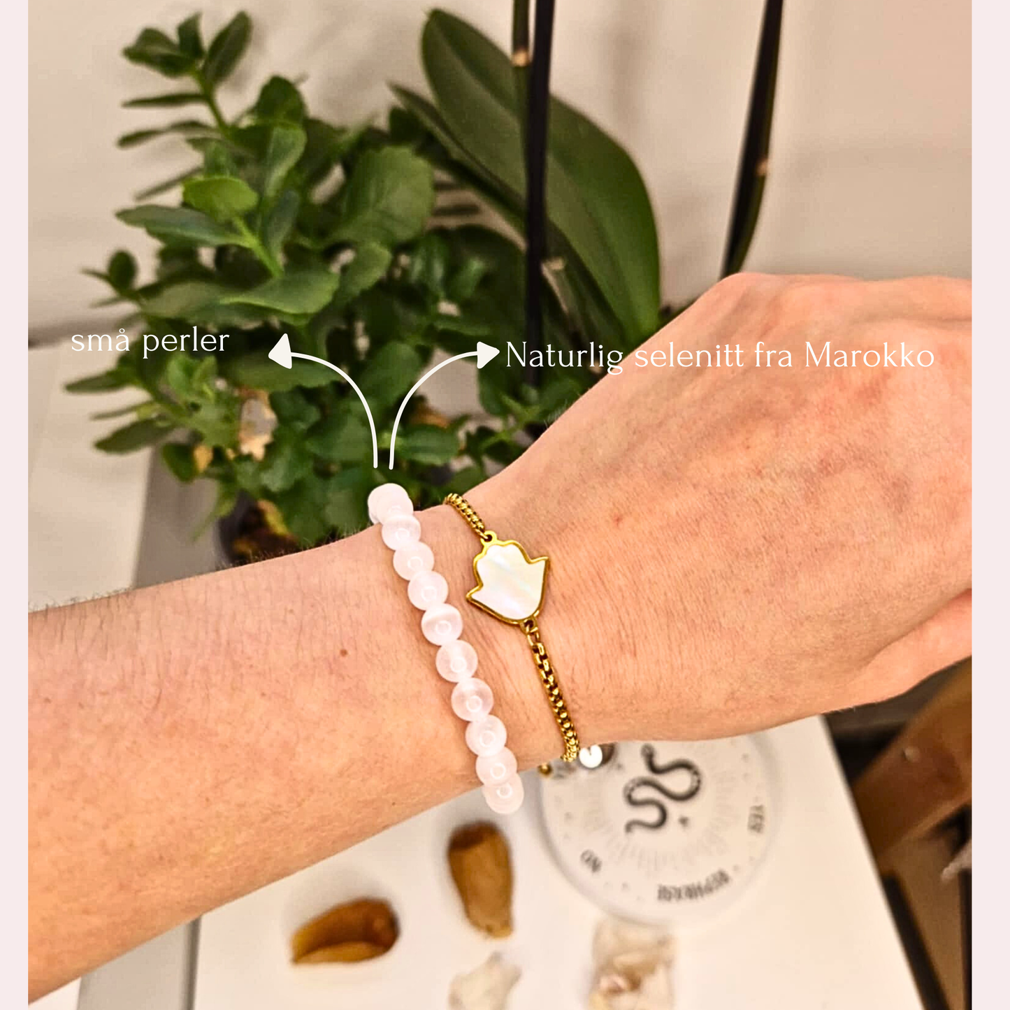 Selenitt Armbånd – Lysets Krystall (små perler 6 mm)