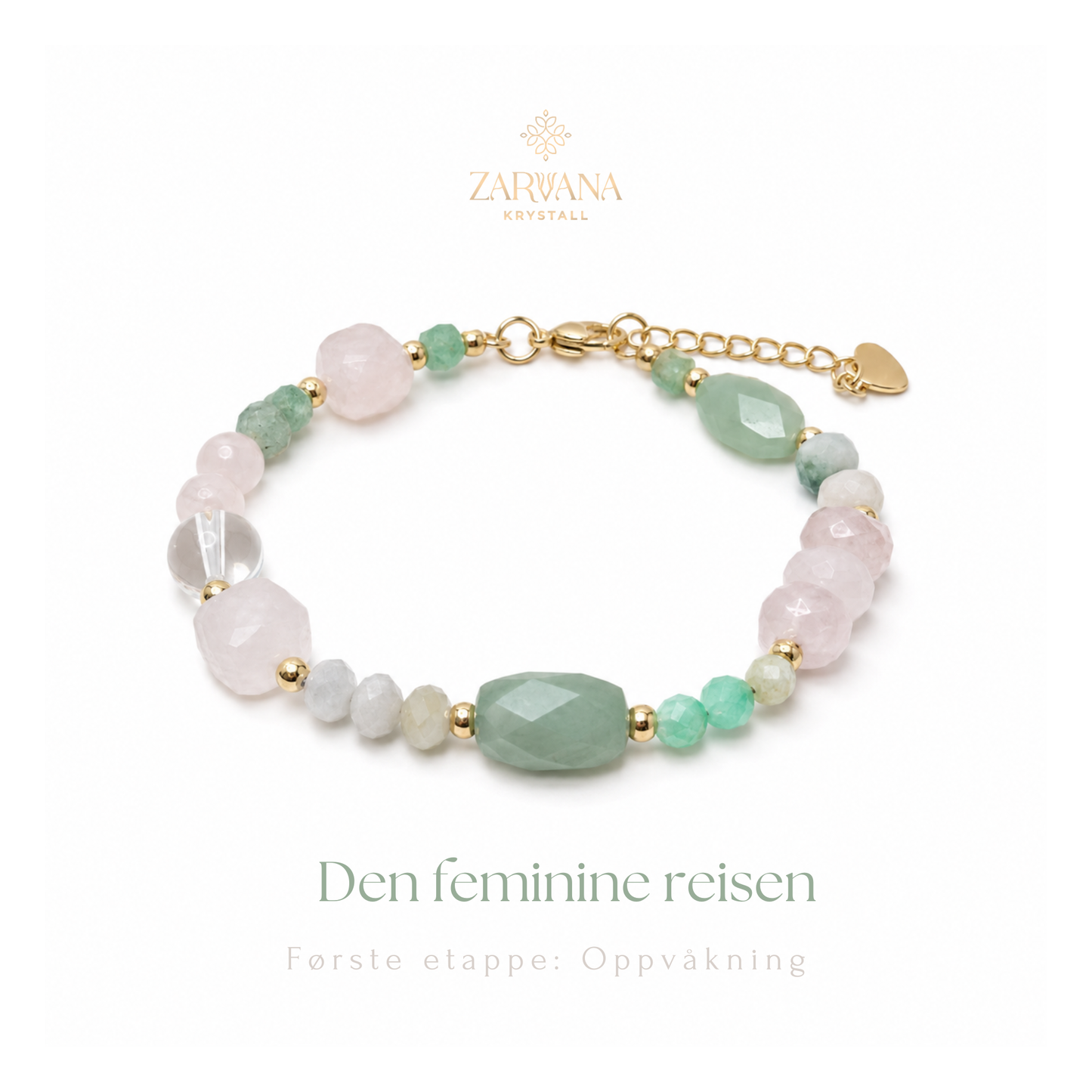 ppvåkning armbånd med rosenkvarts, grønn aventurin, bergkrystall og burmesisk jade
