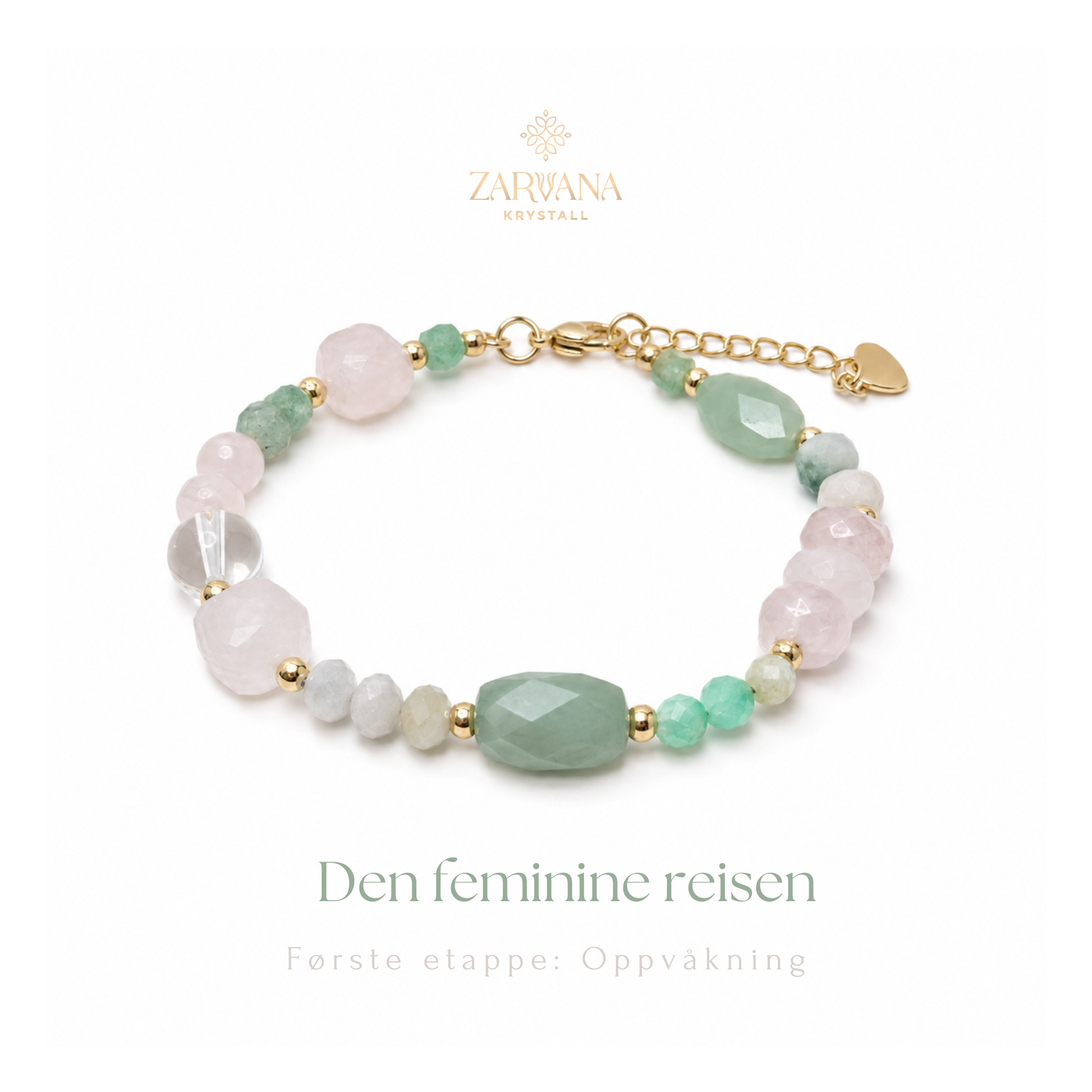 ppvåkning armbånd med rosenkvarts, grønn aventurin, bergkrystall og burmesisk jade